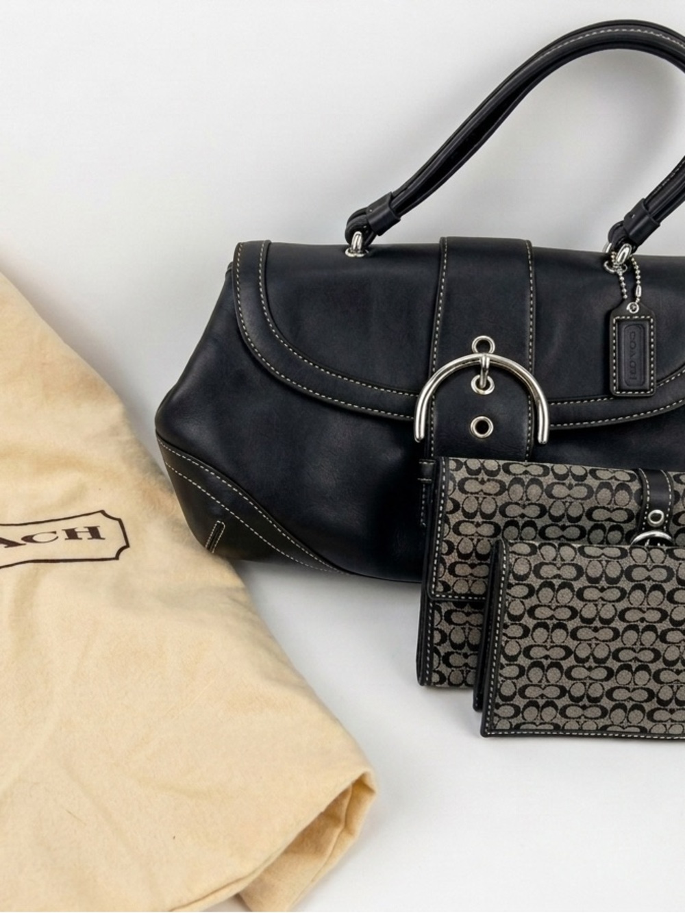 Vintage Coach Soho Black Leather Bag + 2 Matching Wallets Set (Y2K Bundle)